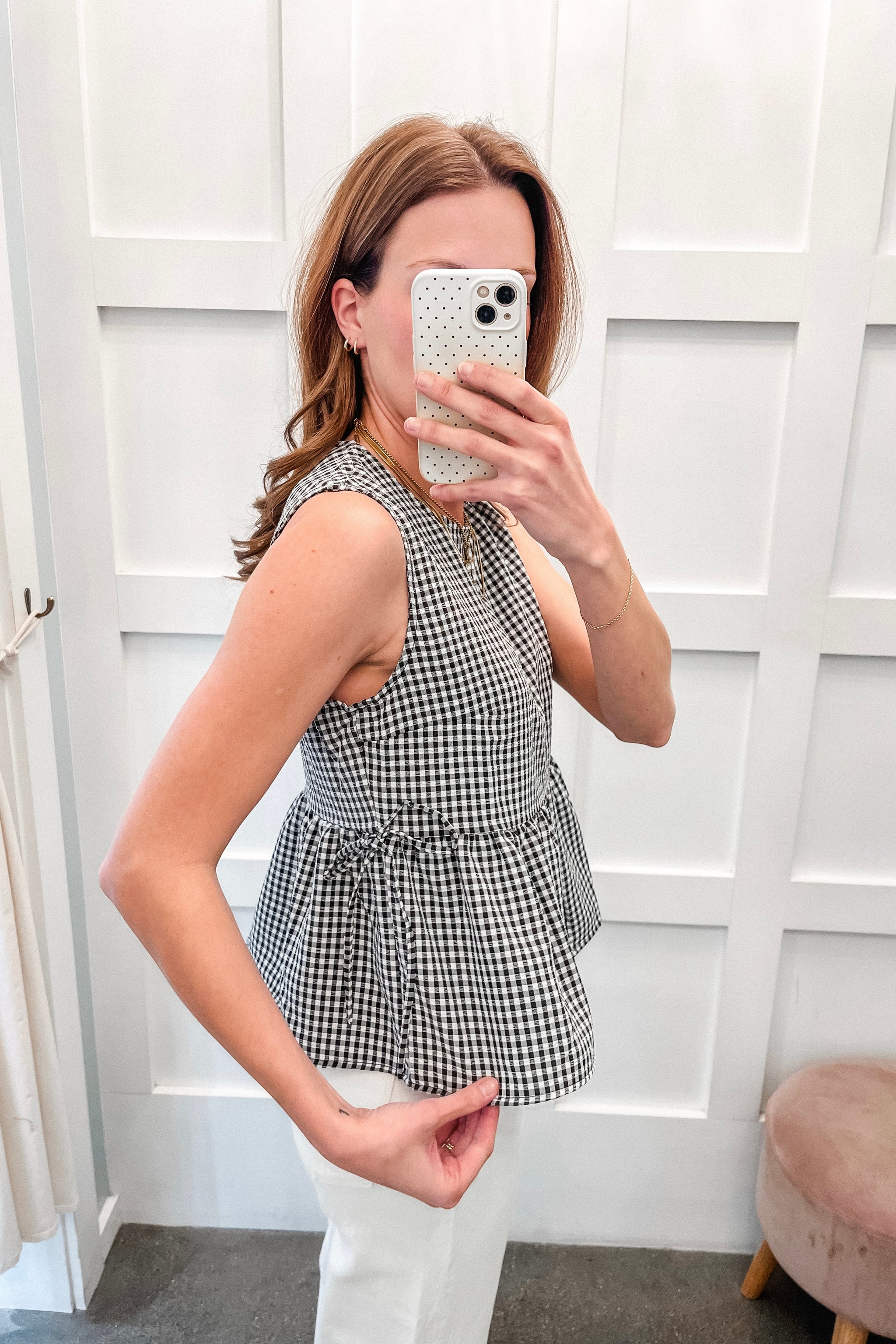 Tied Together Gingham Sleeveless Peplum Top - Black Tied Together Gingham Sleeveless Peplum Top - Black