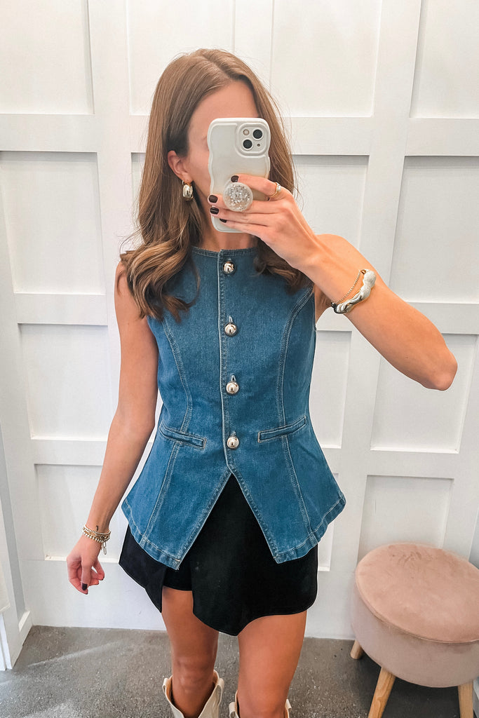 blue denim vest with gold buttons