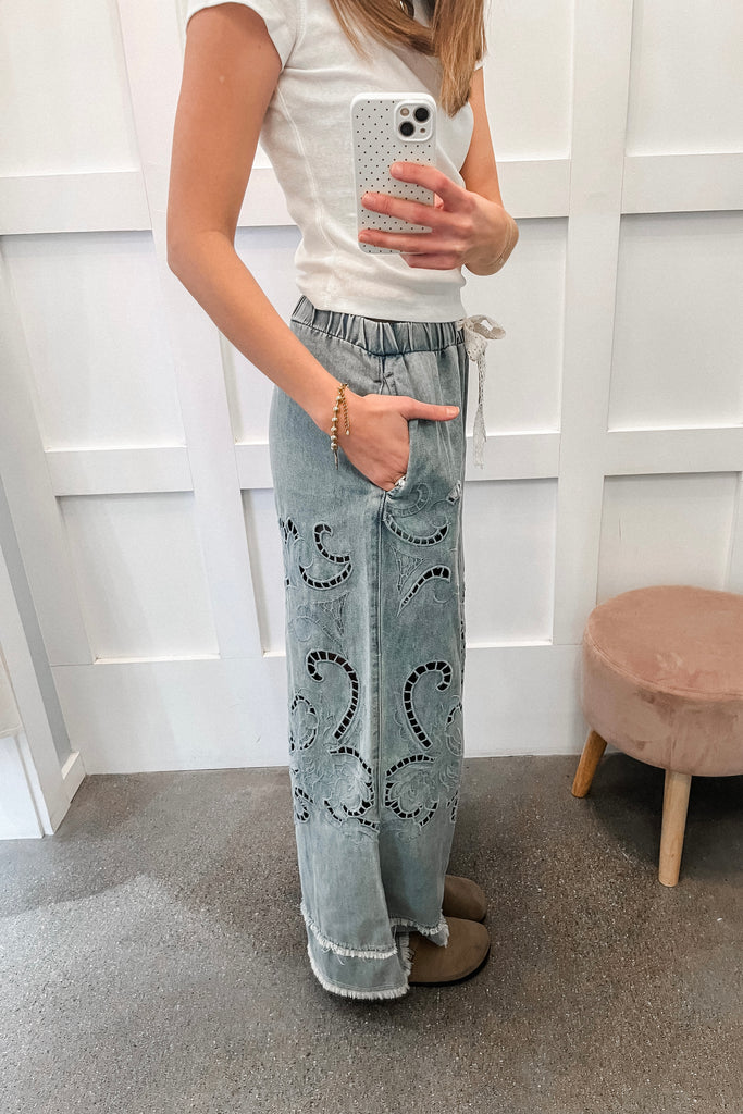 laser cut wide leg denim pants