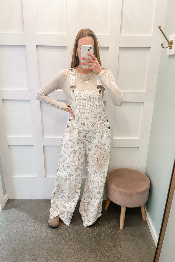 floral print crochet patch overalls