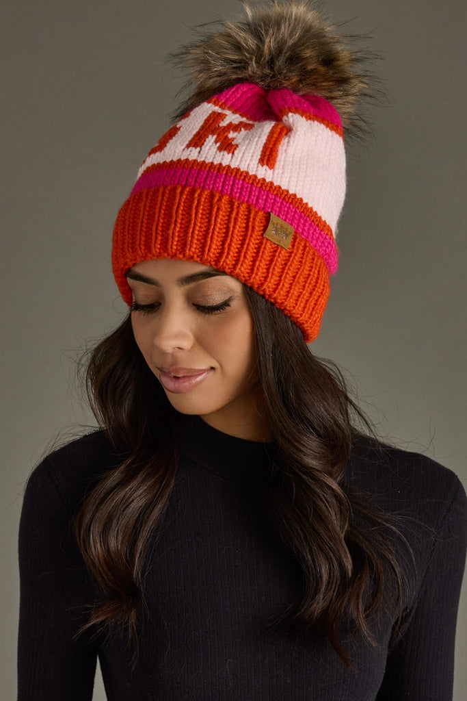 Pink/Orange Ski Pom Beanie - BluePeppermint Boutique