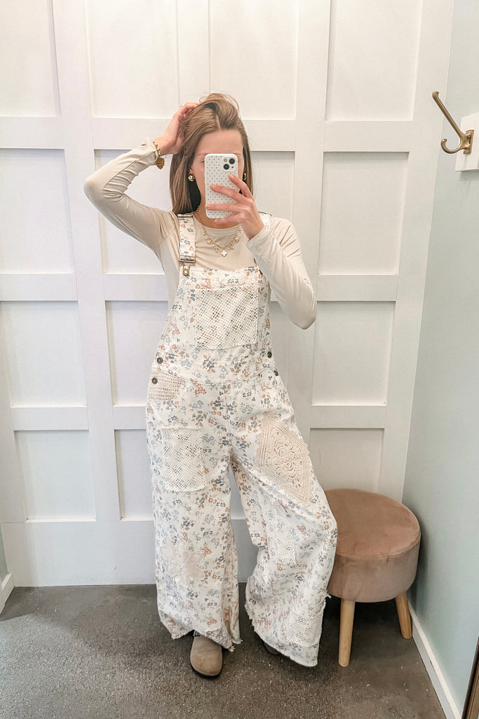 floral print crochet patch overalls