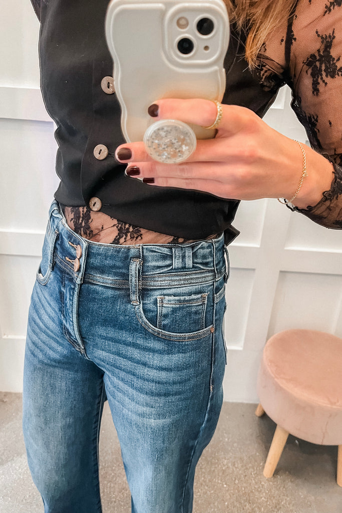 wide leg tummy control denim jeans with bow detail