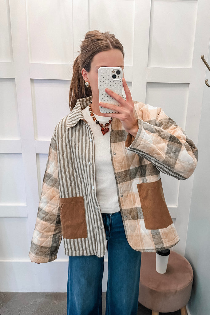 plaid and striped quilted jacket