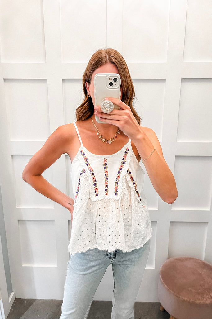 Luella Embroidered Tank - Ivory - BluePeppermint Boutique