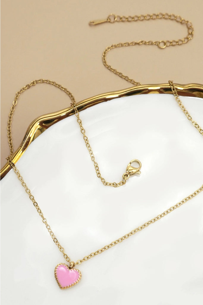Enamel Heart Necklace - Pink - BluePeppermint Boutique