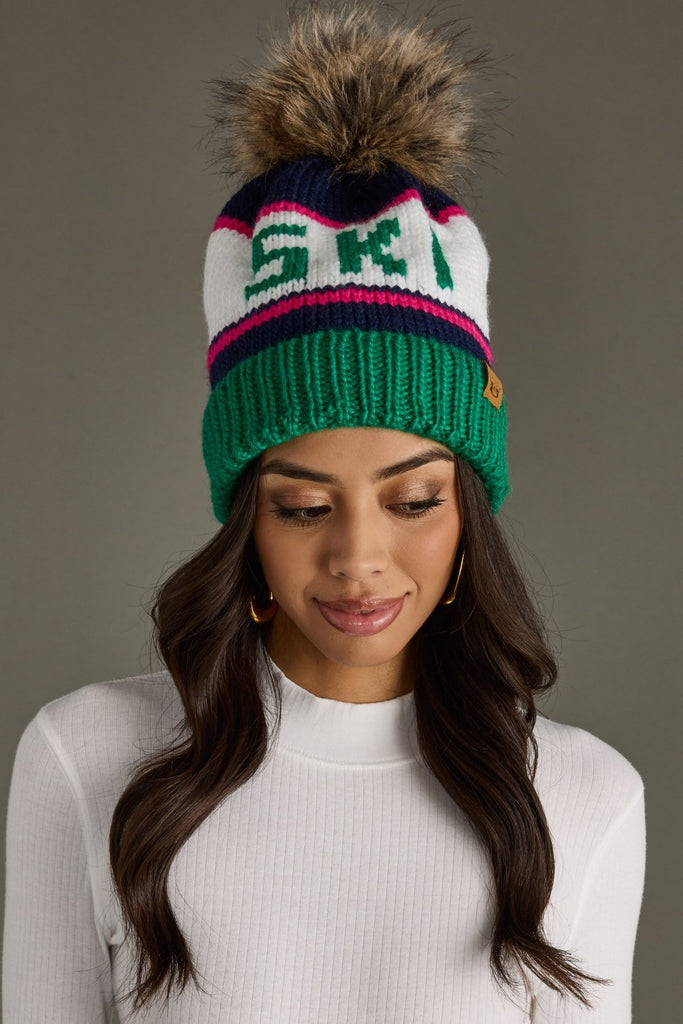 Green/Navy Ski Pom Beanie - BluePeppermint Boutique
