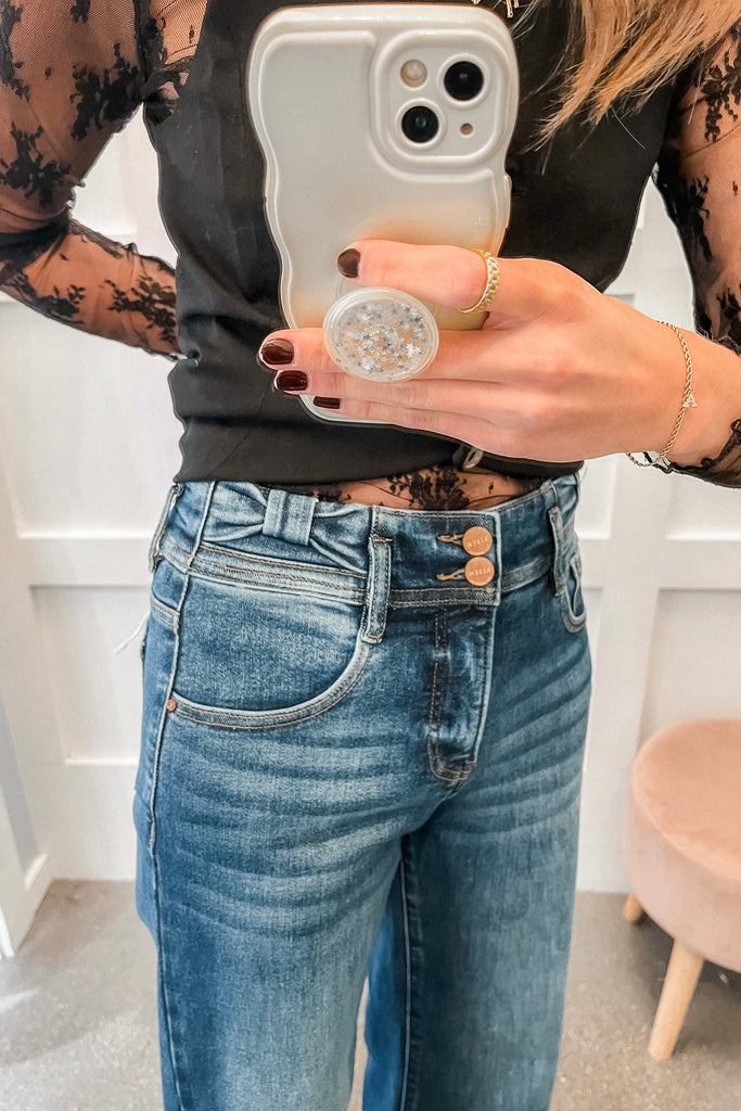 wide leg tummy control denim jeans with bow detail