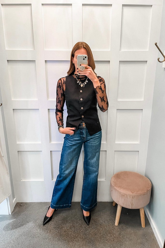 wide leg tummy control denim jeans with bow detail