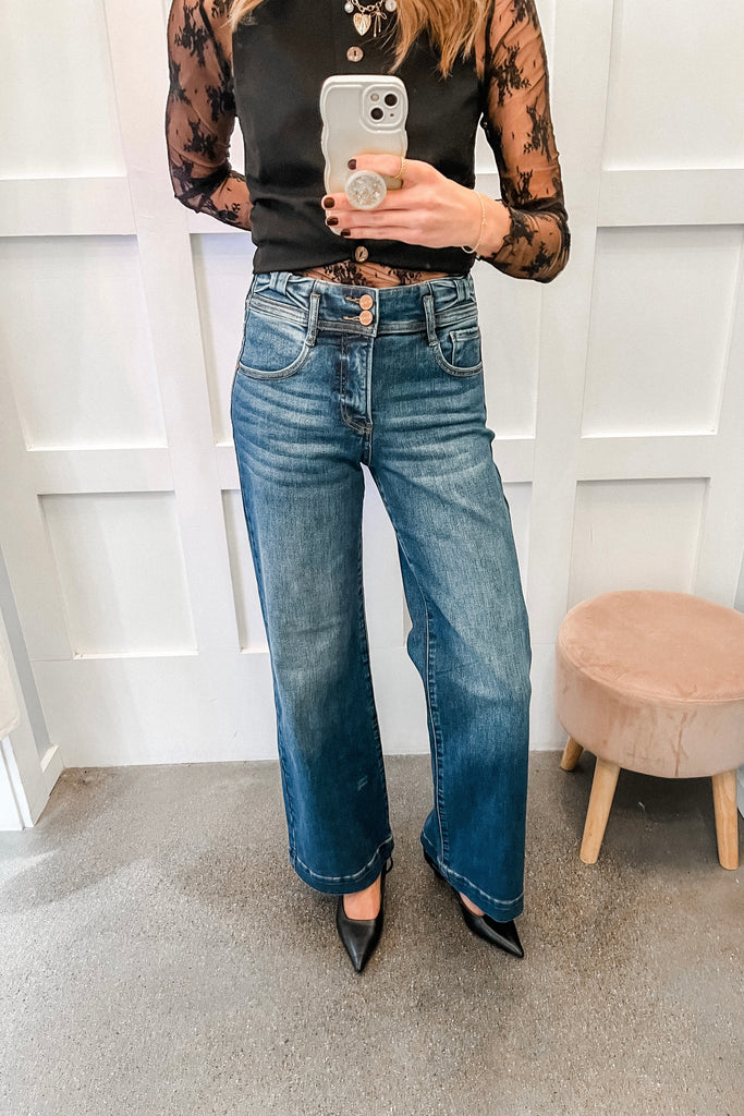 wide leg tummy control denim jeans with bow detail