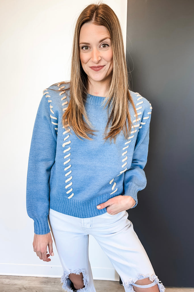 Ocean Blue Stitched Seam Sweater - BluePeppermint Boutique