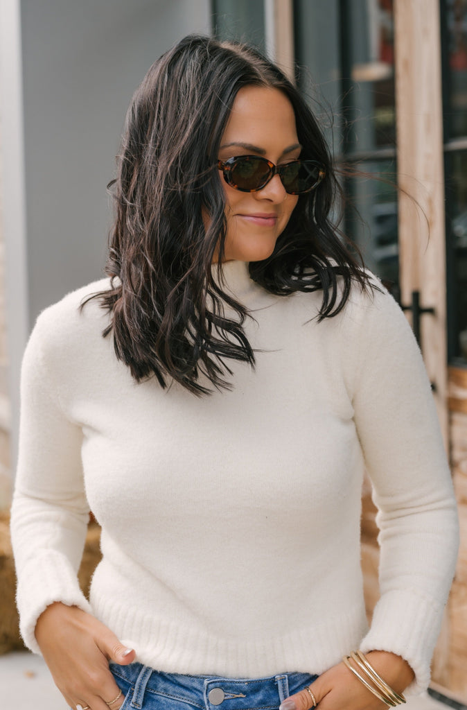 So Good Mock Neck Fuzzy Sweater-Cream - BluePeppermint Boutique