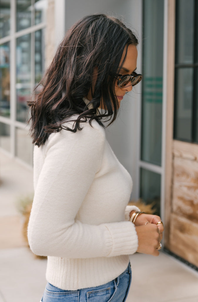 So Good Mock Neck Fuzzy Sweater-Cream - BluePeppermint Boutique