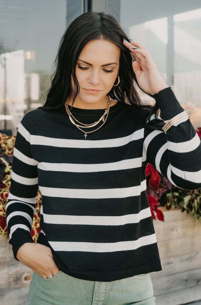 Cutie Striped Round Neck Sweater Top - BluePeppermint Boutique