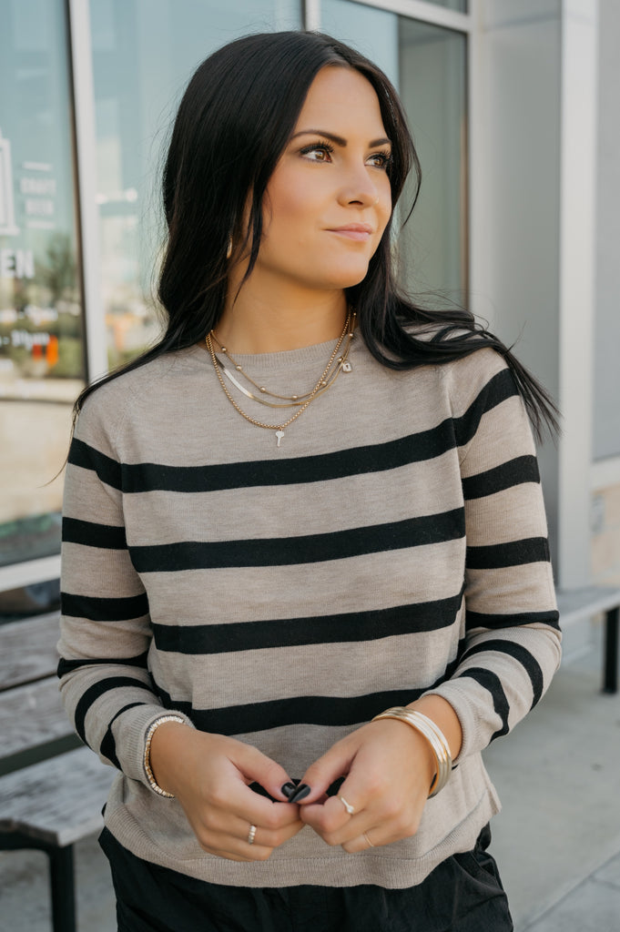 Cutie Striped Round Neck Sweater Top - BluePeppermint Boutique