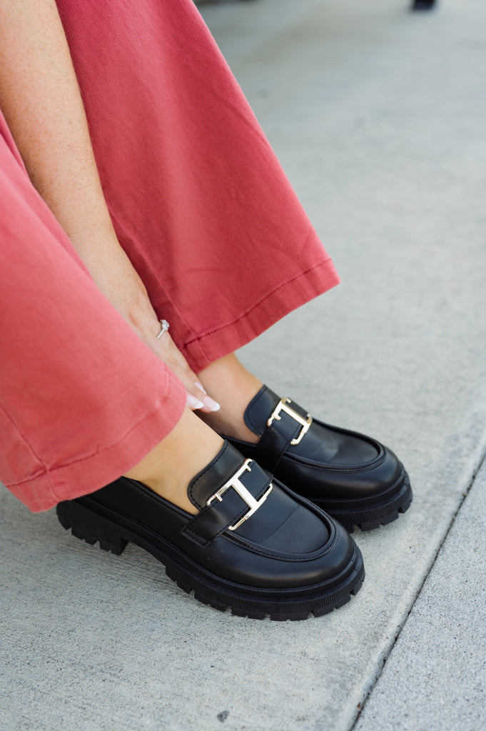 Laura Loafers with Gold Buckle-Black - BluePeppermint Boutique
