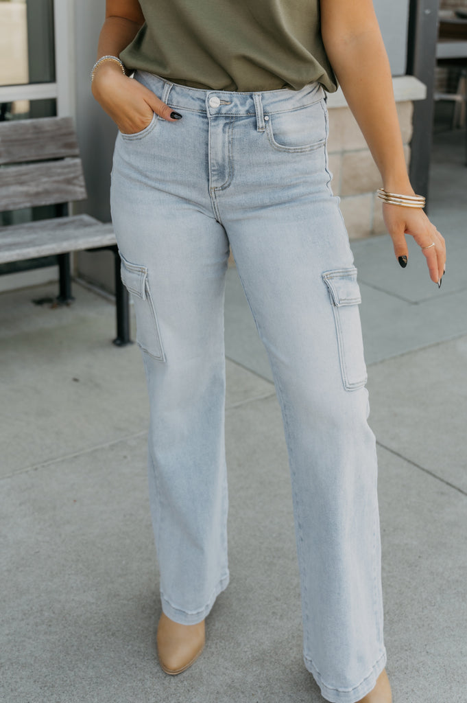 Callie Girl High Rise Cargo Jeans-Light - BluePeppermint Boutique