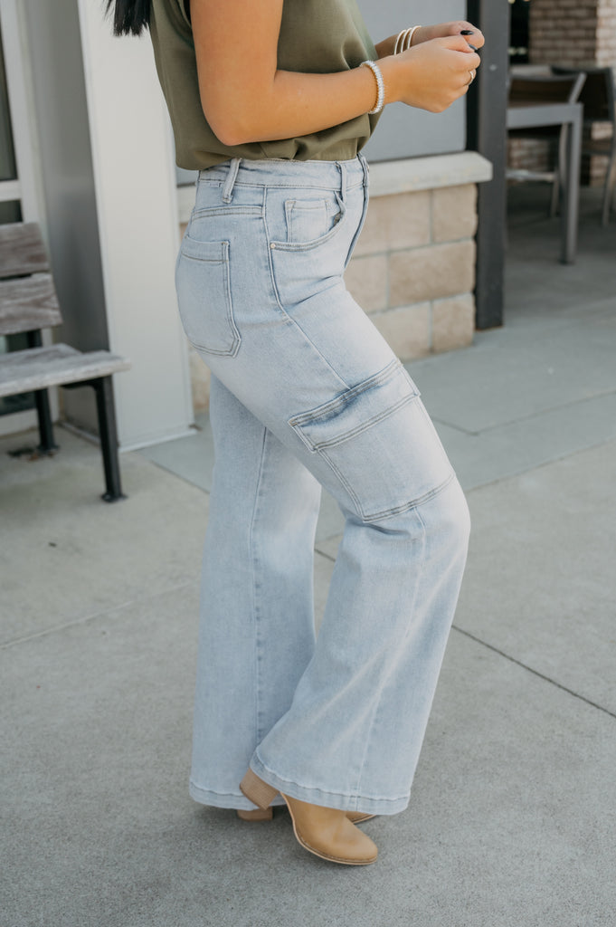 Callie Girl High Rise Cargo Jeans-Light - BluePeppermint Boutique