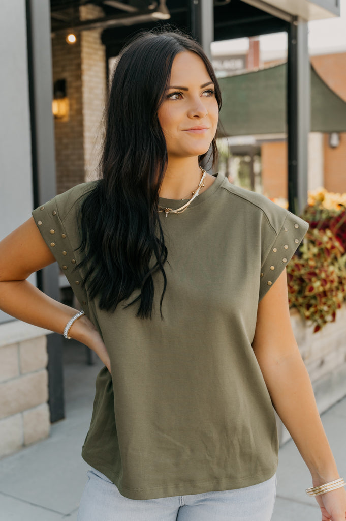 Hey Stud Muscle Shirt-Olive - BluePeppermint Boutique