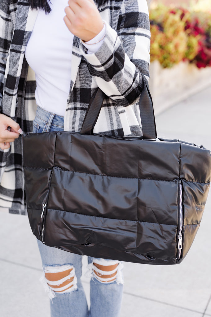 Metallic Puffer Tote-Black - BluePeppermint Boutique