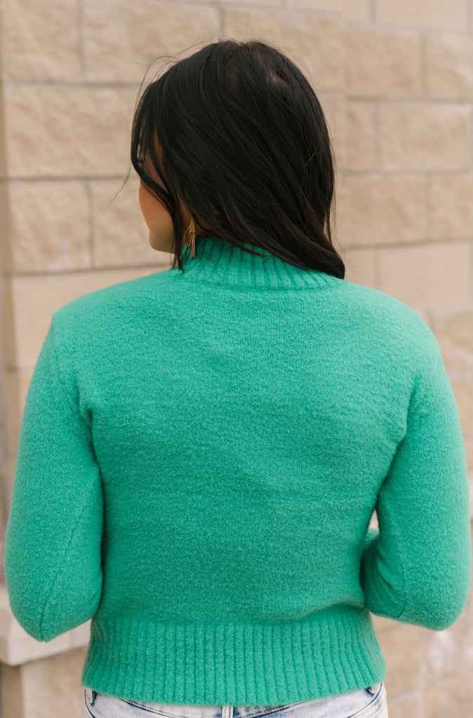 So Good Mock Neck Fuzzy Sweater-Green - BluePeppermint Boutique