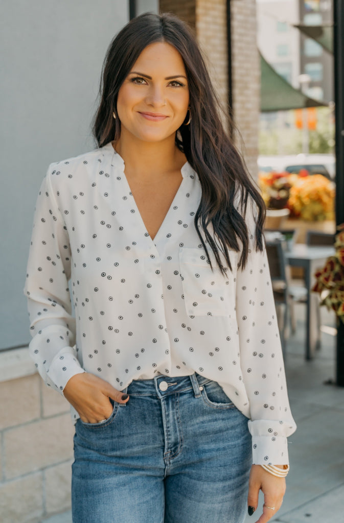 Sadie Printed Front Pocket Long Sleeve Blouse - BluePeppermint Boutique