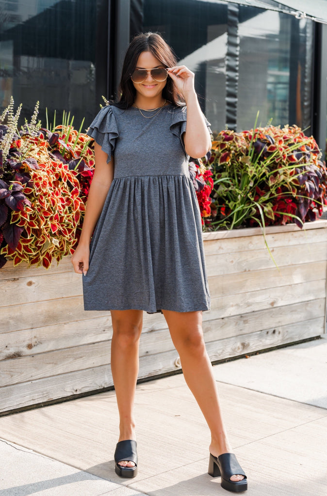 50 Shades Of Grey Ruffle Sleeve Dress - BluePeppermint Boutique