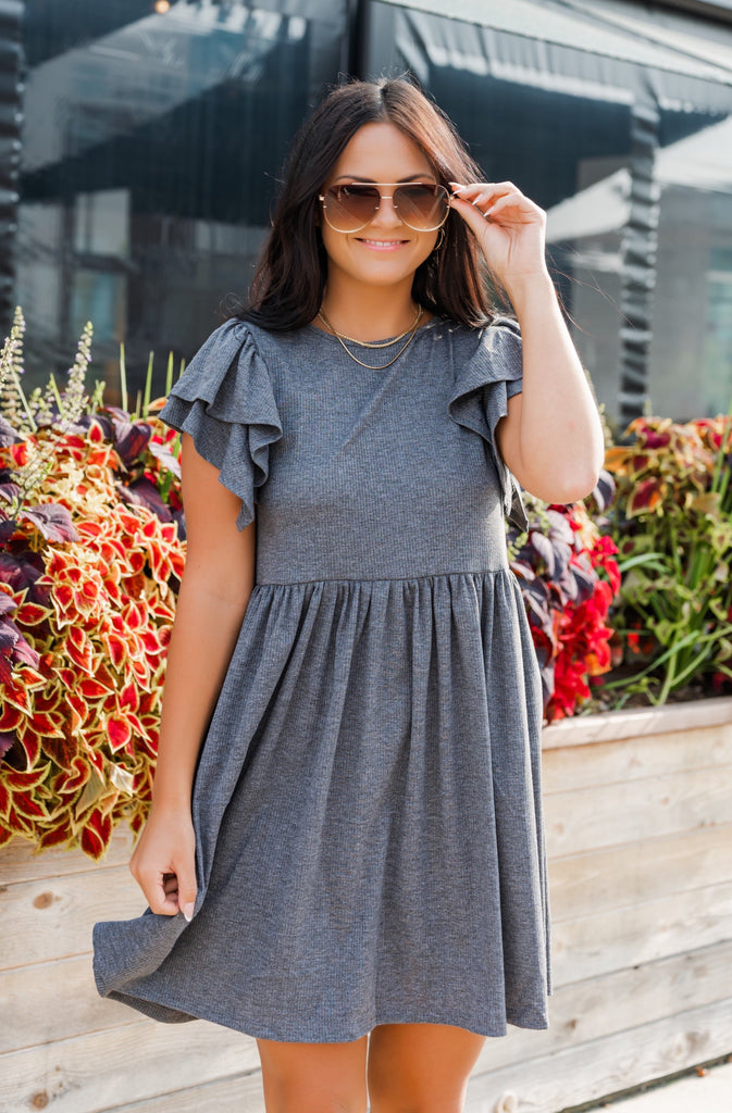 50 Shades Of Grey Ruffle Sleeve Dress - BluePeppermint Boutique