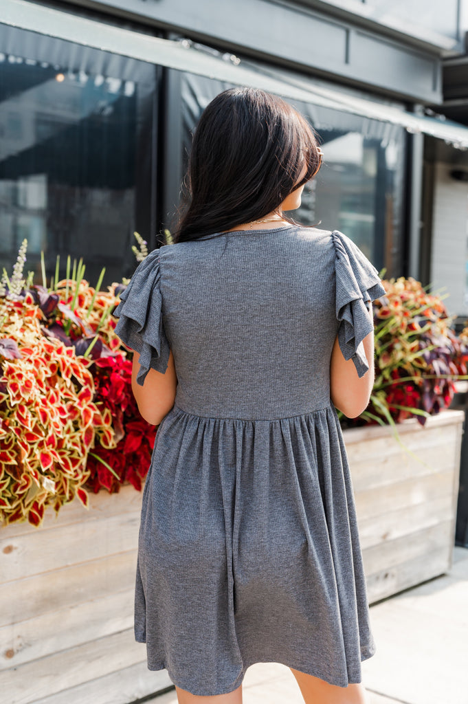 50 Shades Of Grey Ruffle Sleeve Dress - BluePeppermint Boutique