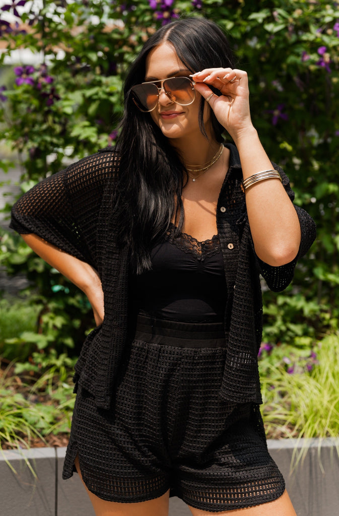 Georgie Waffle Casual Button Up Top- Black - BluePeppermint Boutique