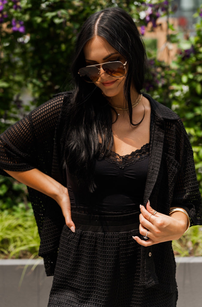 Georgie Waffle Casual Button Up Top- Black - BluePeppermint Boutique
