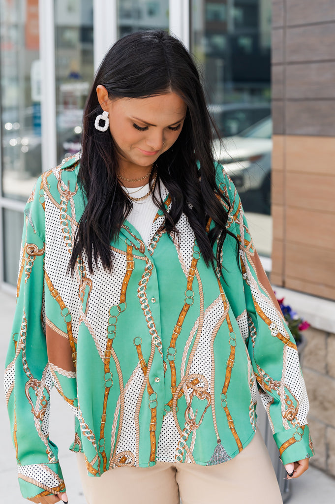 Jessie Silk Chain Blouse Green - BluePeppermint Boutique