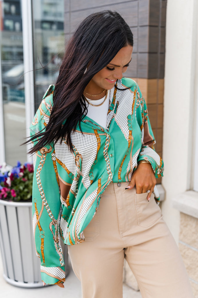 Jessie Silk Chain Blouse Green - BluePeppermint Boutique