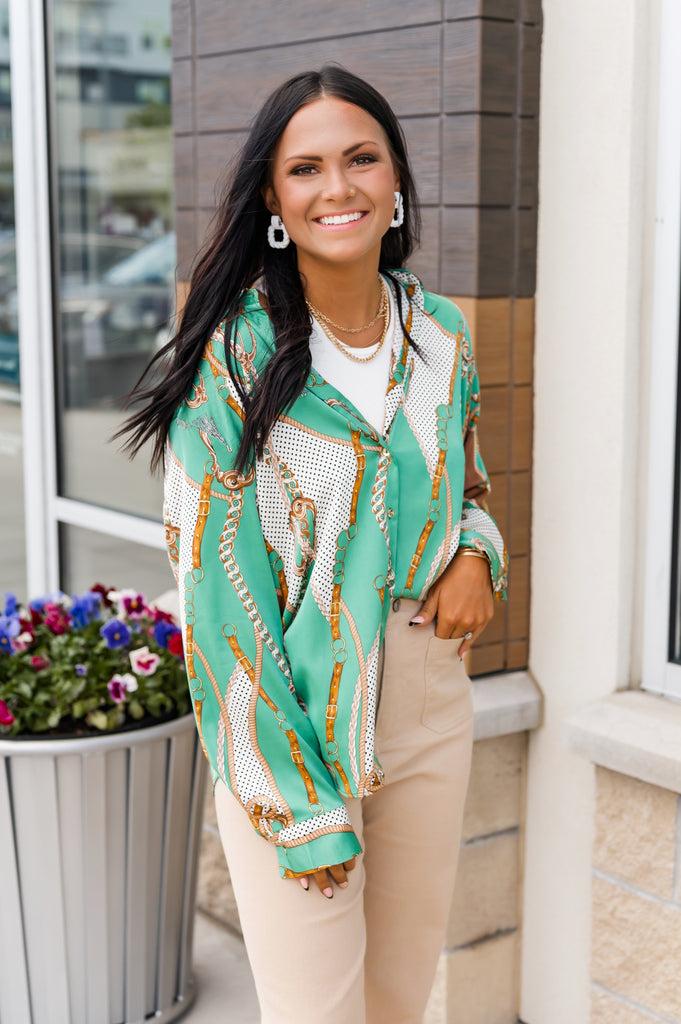 Jessie Silk Chain Blouse Green - BluePeppermint Boutique