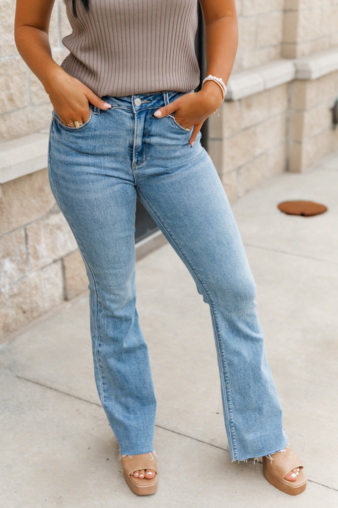 Hello High Rise Raw Cut Bootcut Jeans - BluePeppermint Boutique