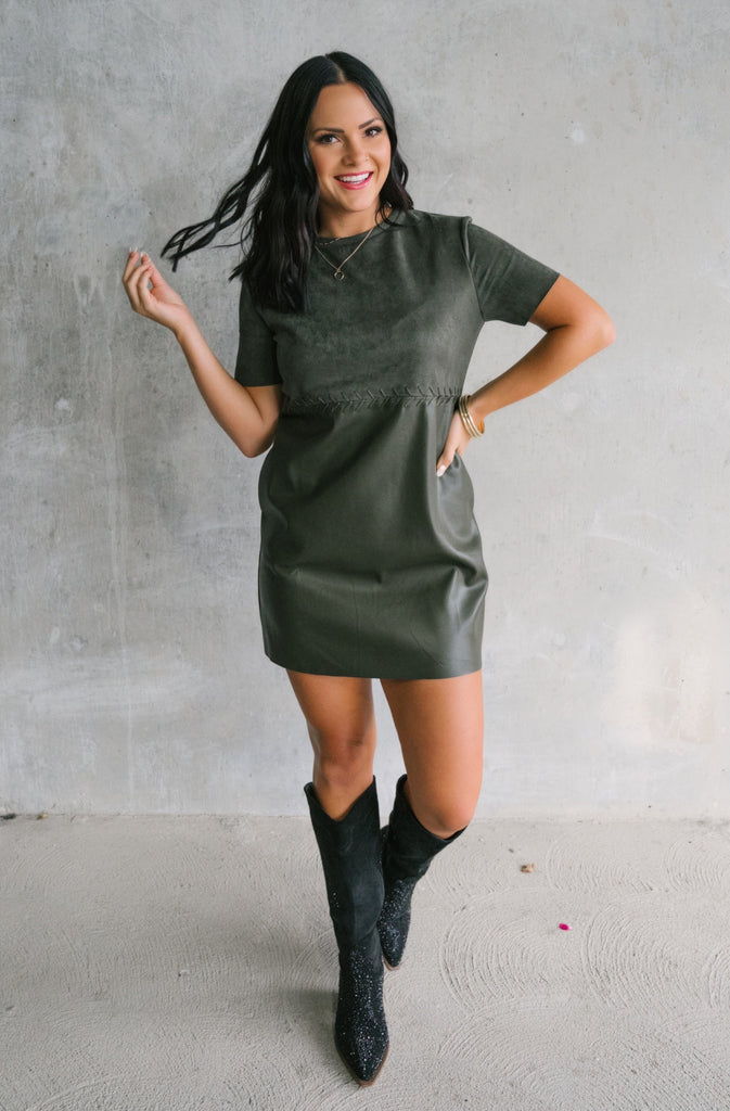 Olive you in that dress faux leather suede dress - BluePeppermint Boutique