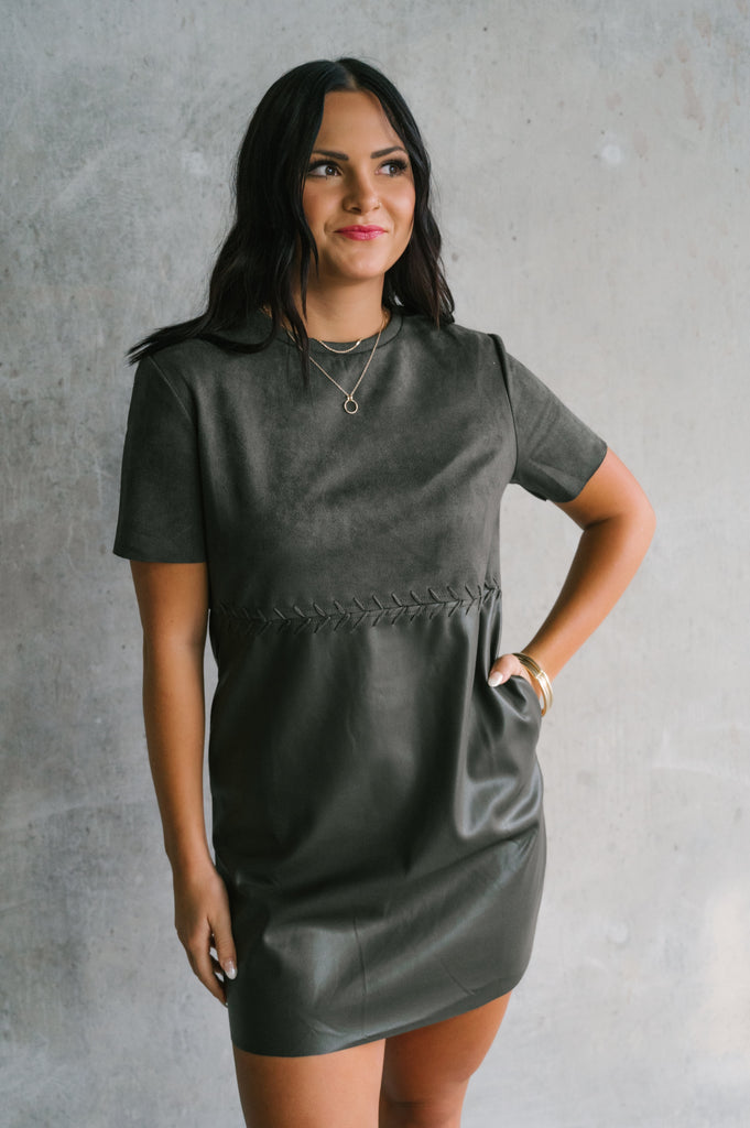 Olive you in that dress faux leather suede dress - BluePeppermint Boutique