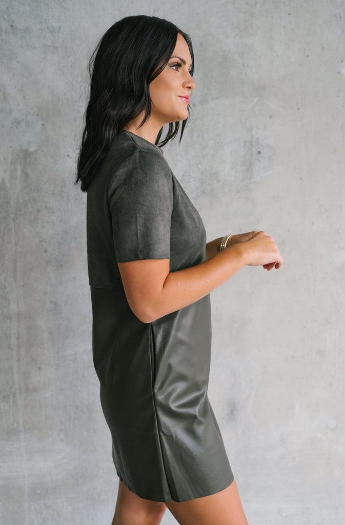 Olive you in that dress faux leather suede dress - BluePeppermint Boutique