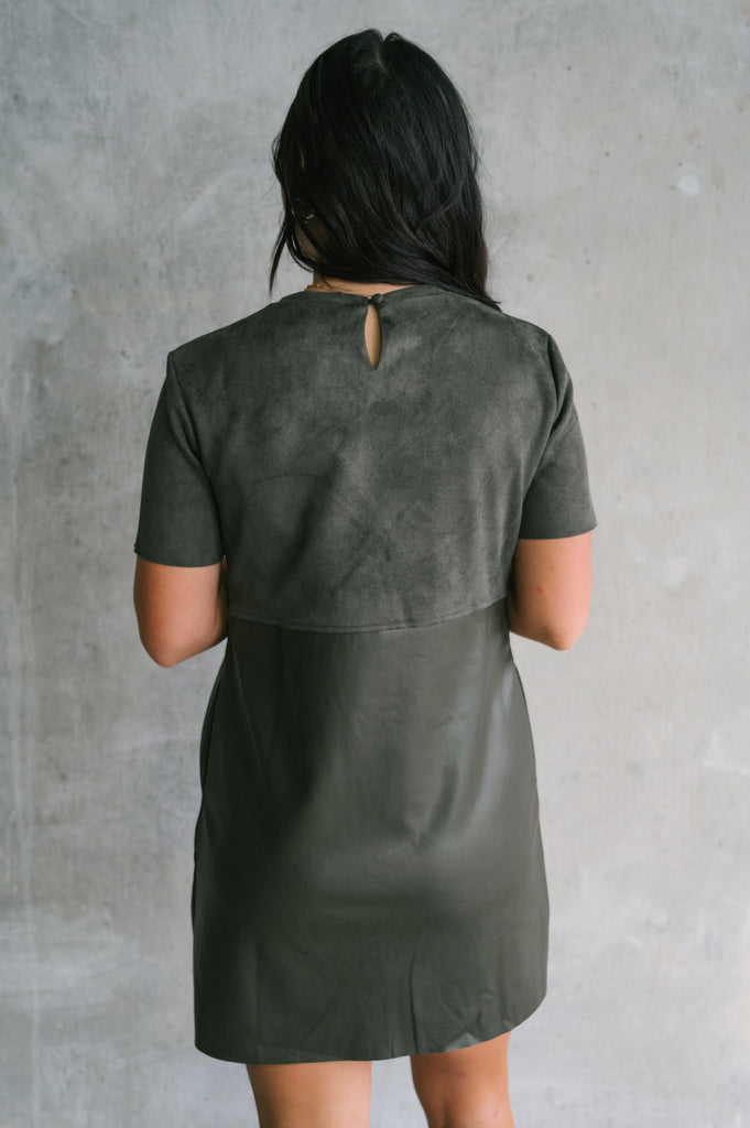 Olive you in that dress faux leather suede dress - BluePeppermint Boutique