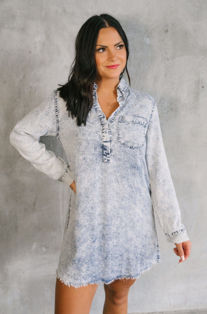 Katie Long Sleeve Washed Denim Shirt Dress - BluePeppermint Boutique