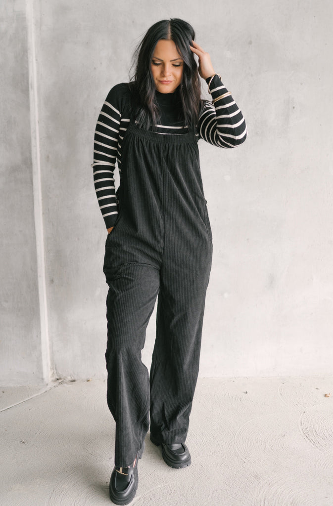 Haley Corduroy Overalls-Black - BluePeppermint Boutique