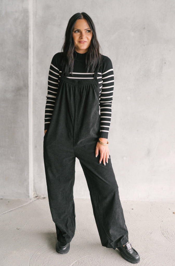 Haley Corduroy Overalls-Black - BluePeppermint Boutique