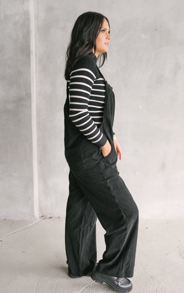 Haley Corduroy Overalls-Black - BluePeppermint Boutique