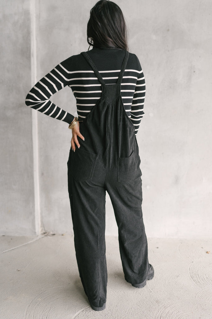 Haley Corduroy Overalls-Black - BluePeppermint Boutique