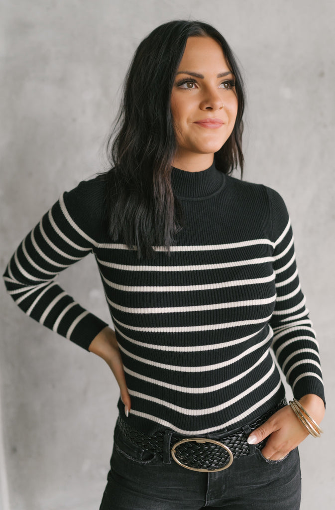 Mock yea! Mock Neck Striped Sweater - BluePeppermint Boutique