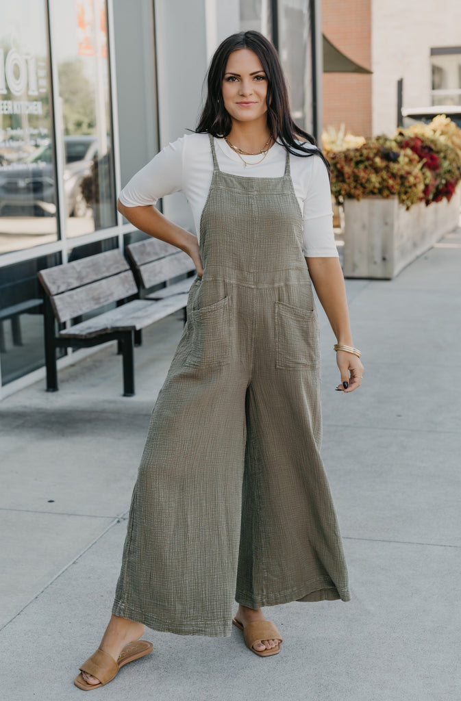 Sunday Fun Day Wide Leg Jumpsuit-Olive - BluePeppermint Boutique