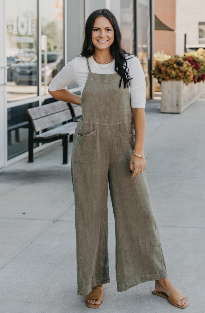 Sunday Fun Day Wide Leg Jumpsuit-Olive - BluePeppermint Boutique
