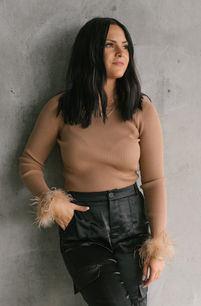 Fantastic Feather Long Sleeve Sweater-Taupe - BluePeppermint Boutique