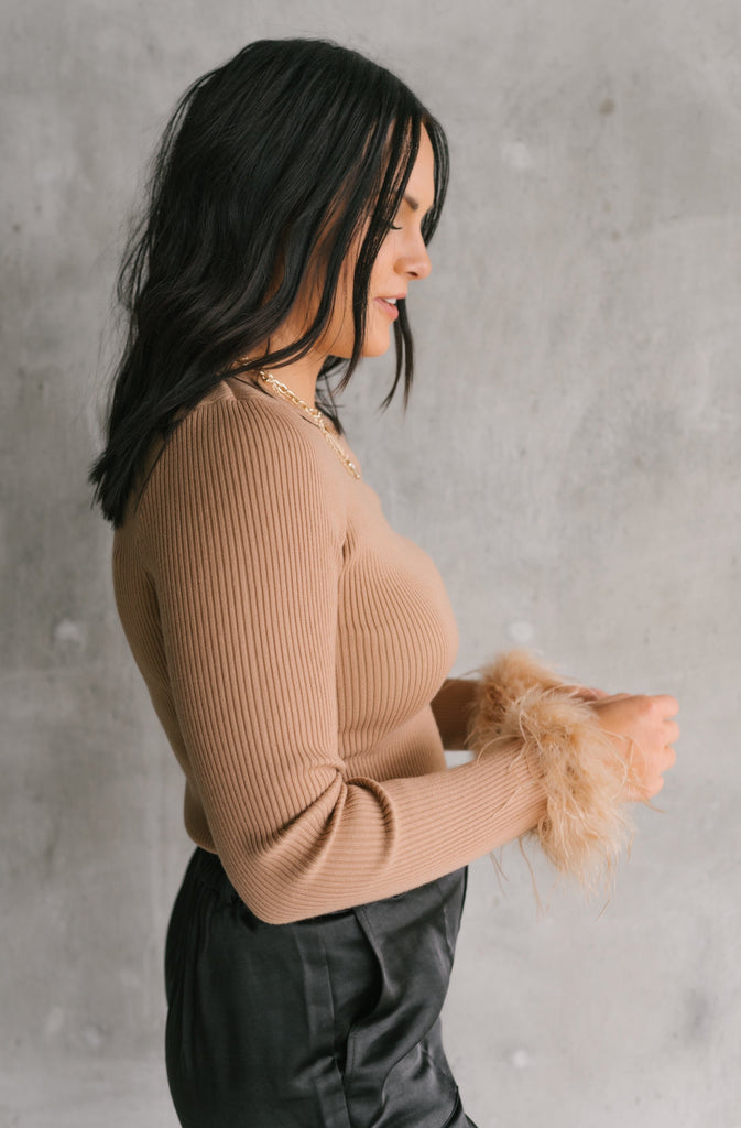 Fantastic Feather Long Sleeve Sweater-Taupe - BluePeppermint Boutique