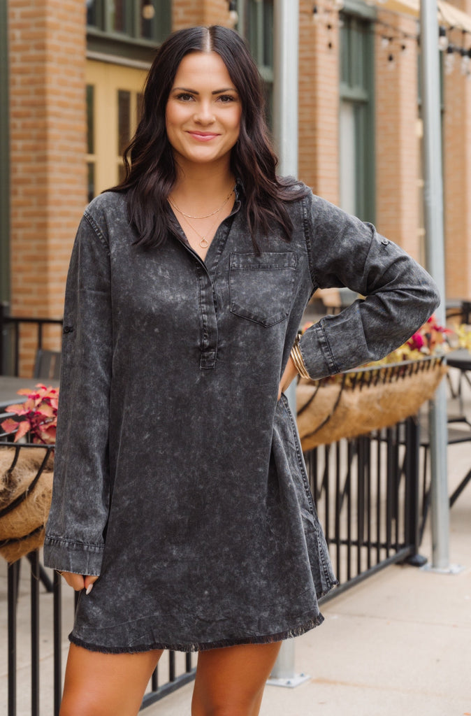 Katie Long Sleeve Washed Denim Shirt Dress - BluePeppermint Boutique